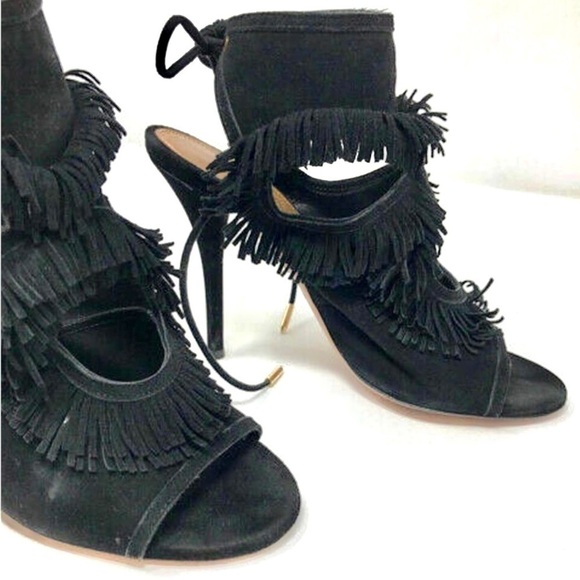 AQUAZZURA Sexy Fringe Suede Tie-Back Sandal Black womens size 5.5 - Picture 5 of 11